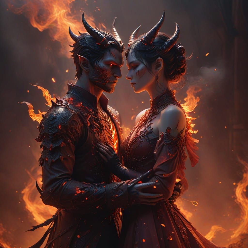 Elegant Demon Couple Amidst Crimson Flames