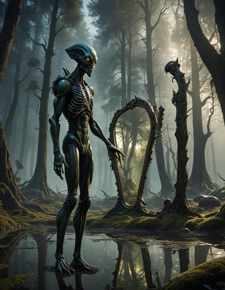 Alien Reaching for Reflection in Forest, Digital Art