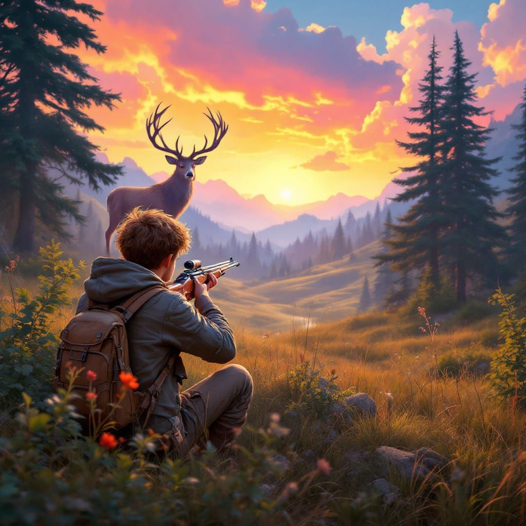 Adventurer Aims at Deer in Dreamlike Landscape