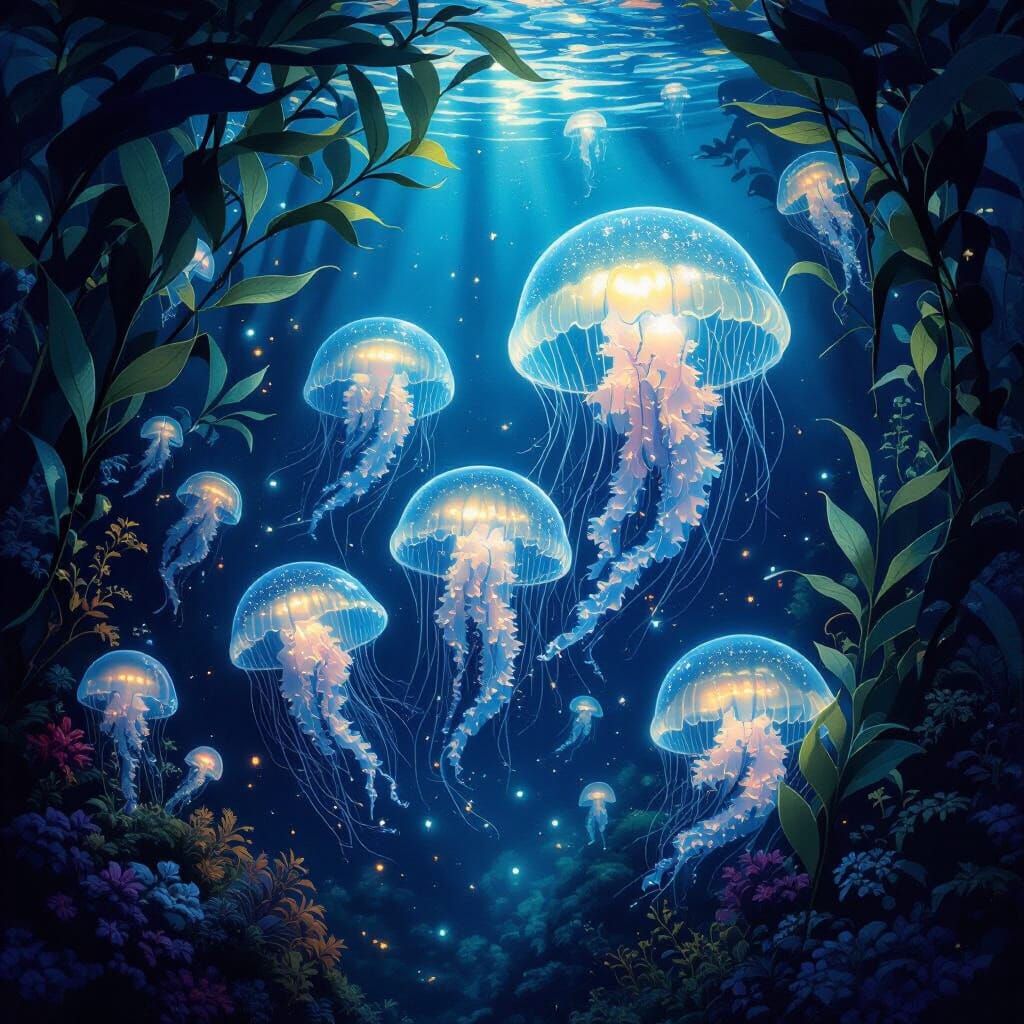 Bioluminescent Jellyfish Illuminate Underwater Forest, Art N...
