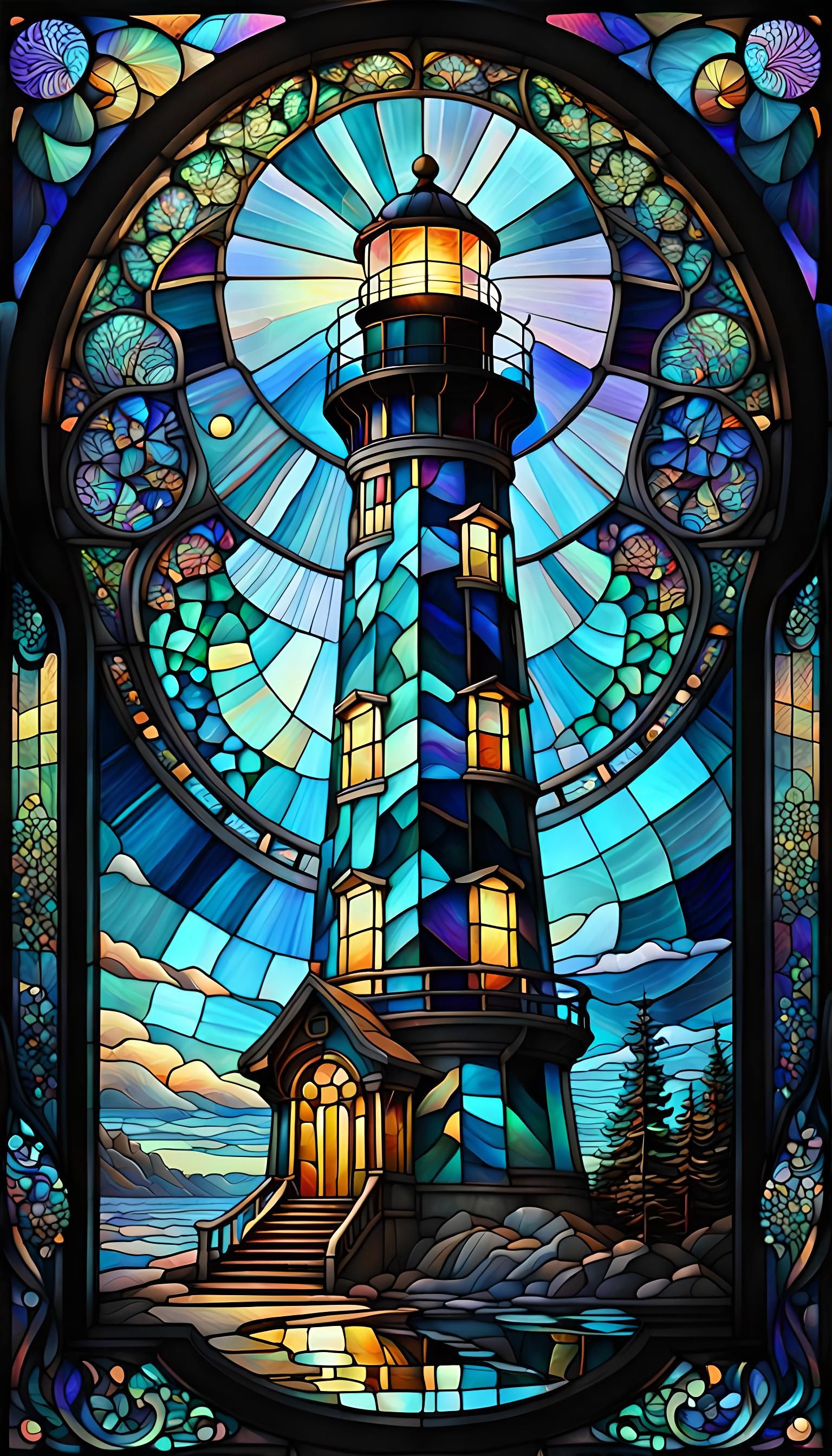Abstract Stained Glass Lighthouse in Art Nouveau Style