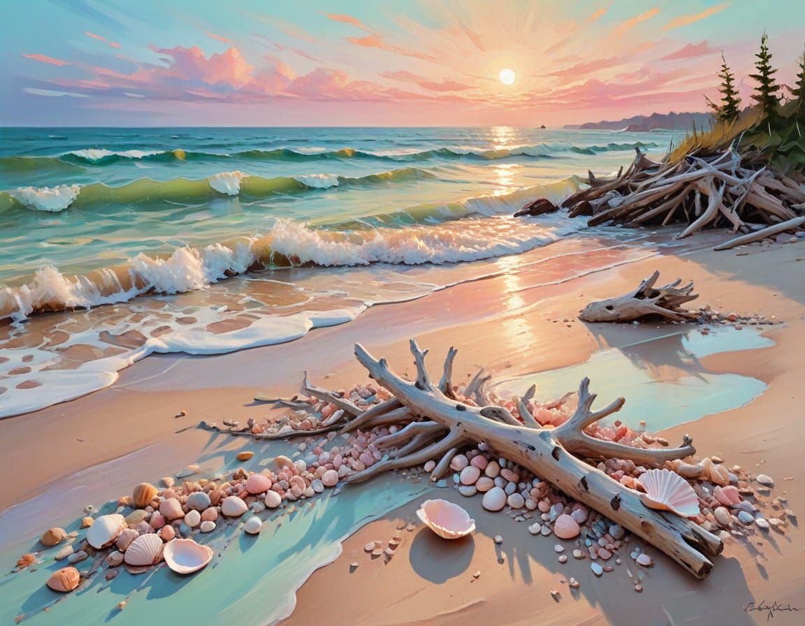 Pastel Dawn on Sandy Beach: Impressionistic Seascape