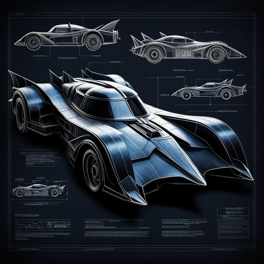 Batmobile Blueprint Design Sketch in Grunge Style