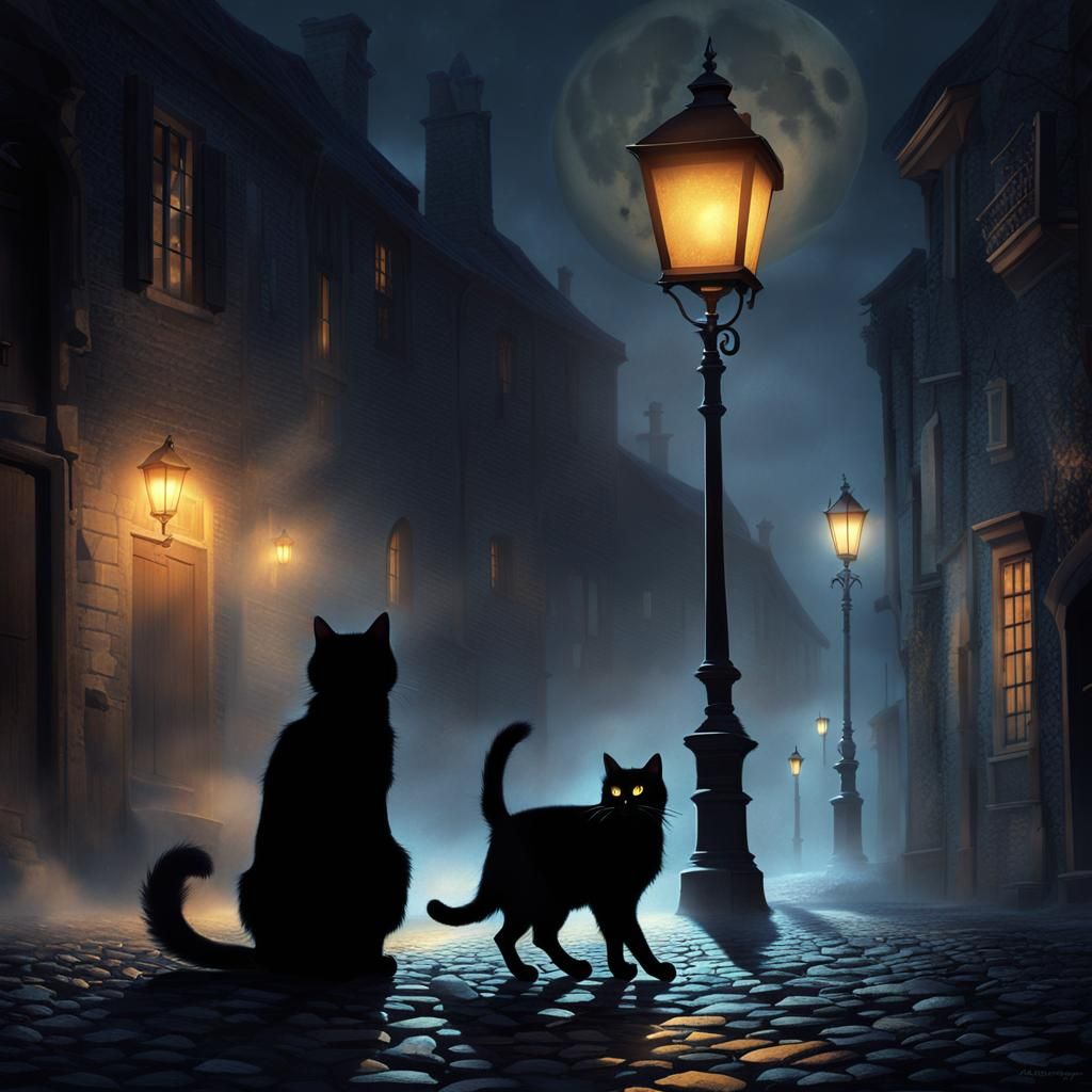 Eerie Black Cat in Misty Moonlight, Dark Fantasy Art