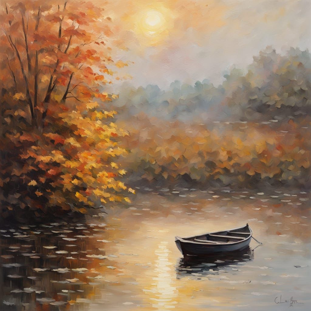 Boat Drifting Through Autumn Leaves: Impressionist Oil Paint...