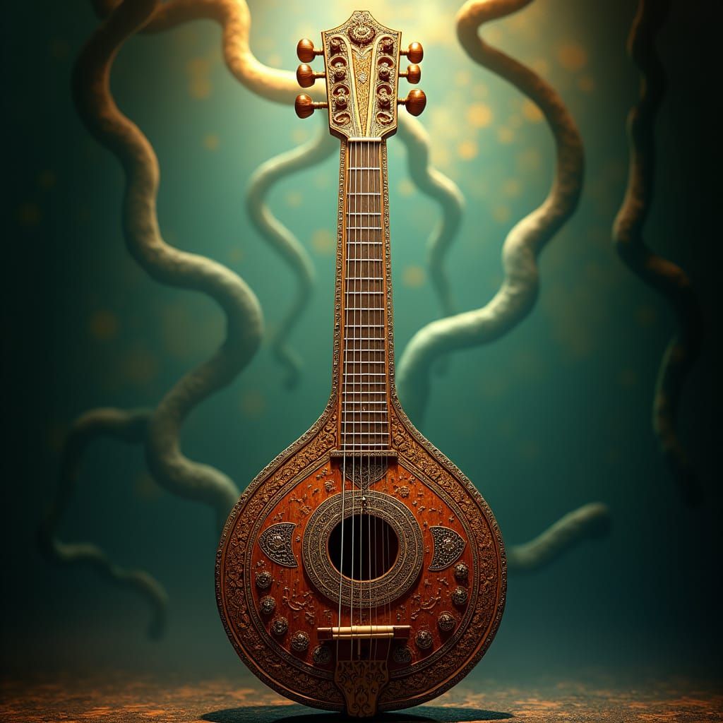 SITAR in Mystical Aura, Amoeba-Shaped Background