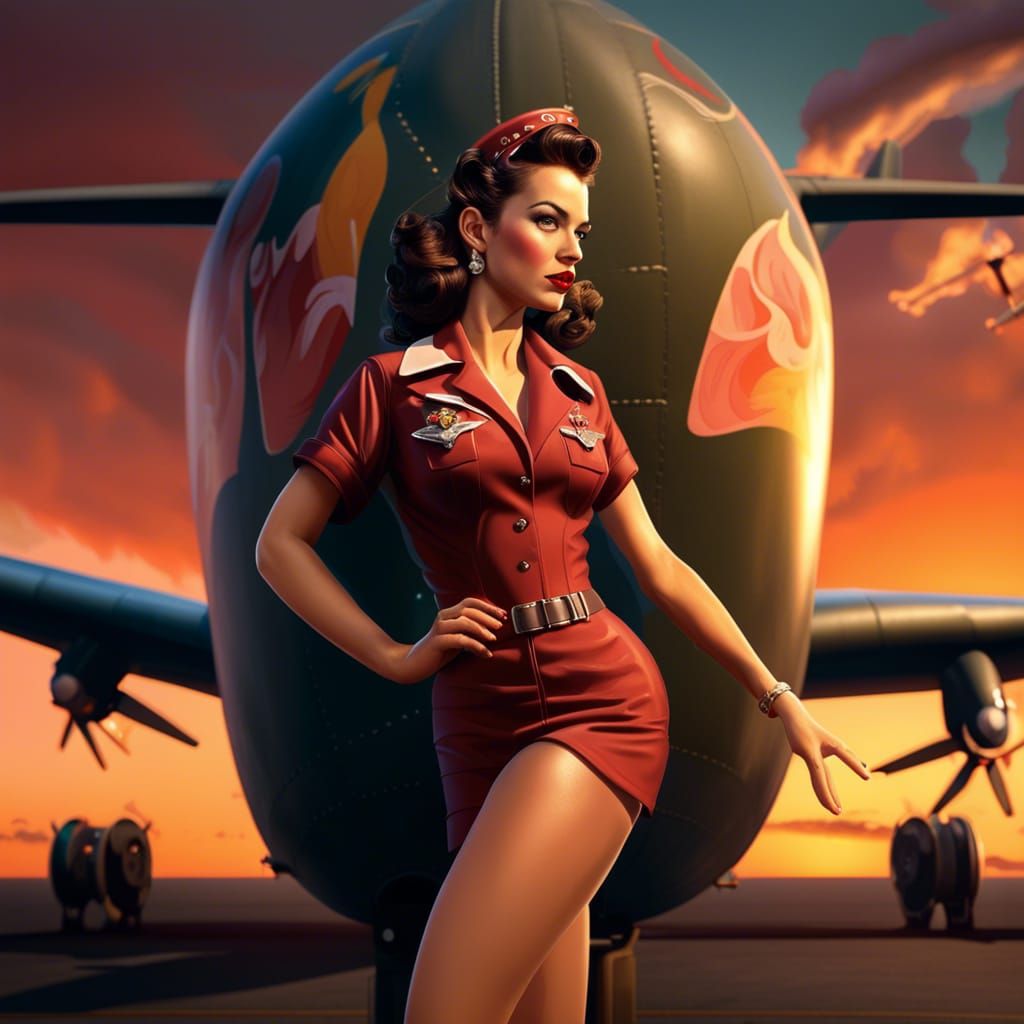 1940s Pin-Up Art on Bomber, Detailed Matte Painting