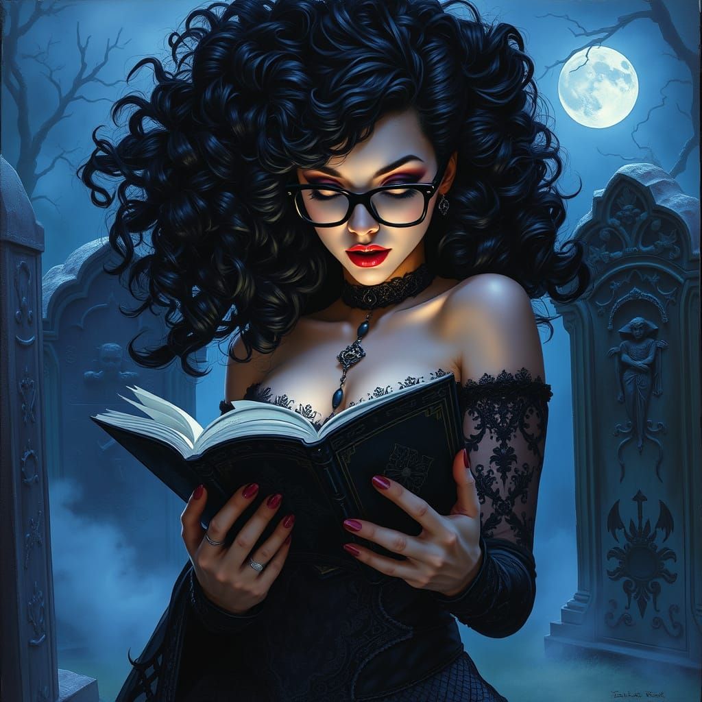 Gothic Woman Reads in Graveyard: Hyperrealistic Oil Painting