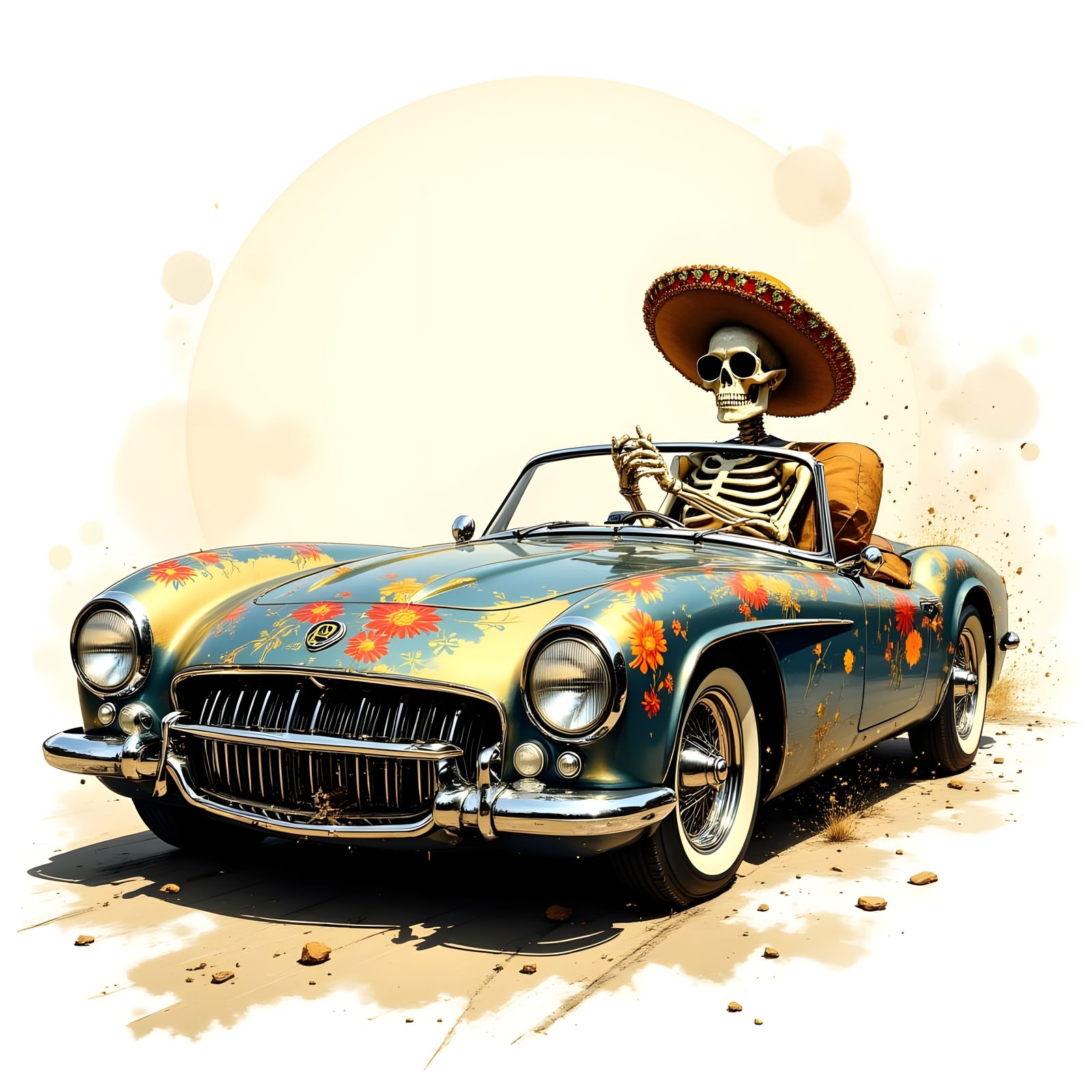 Day of the Dead Skeleton Drives Classic Car
