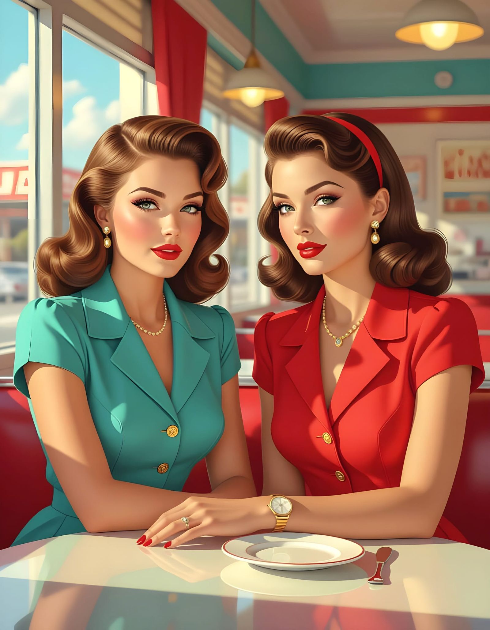 Retro Diner Scene with 1940s Women in Splash Art