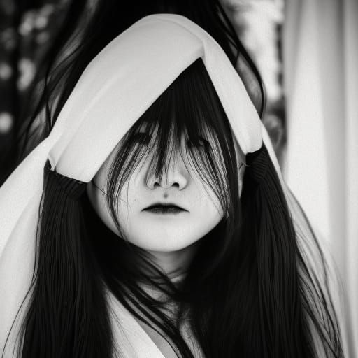Sadako. ghost of woman in white robe, disfigured face, long black hair Professional photography, bokeh, natural lighting...