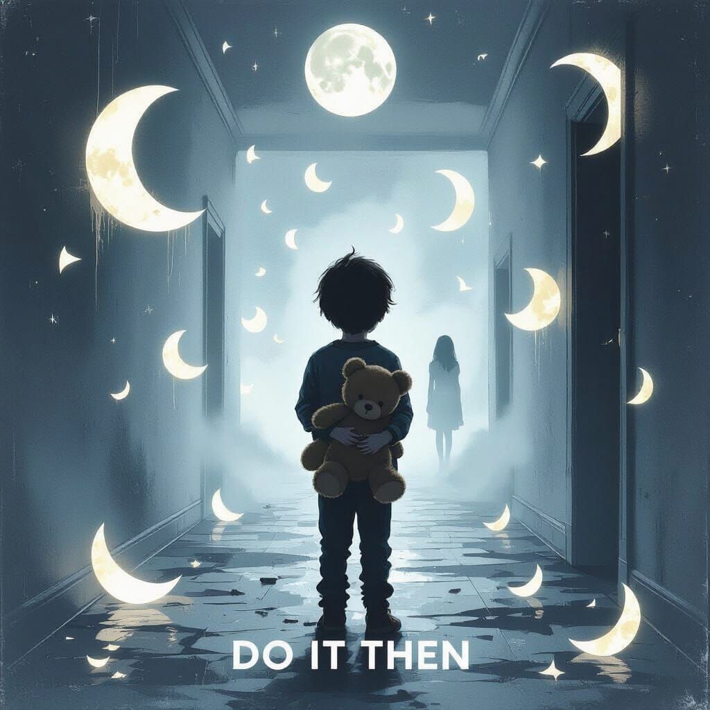 Boy in Dim Hallway with Moon Fragments