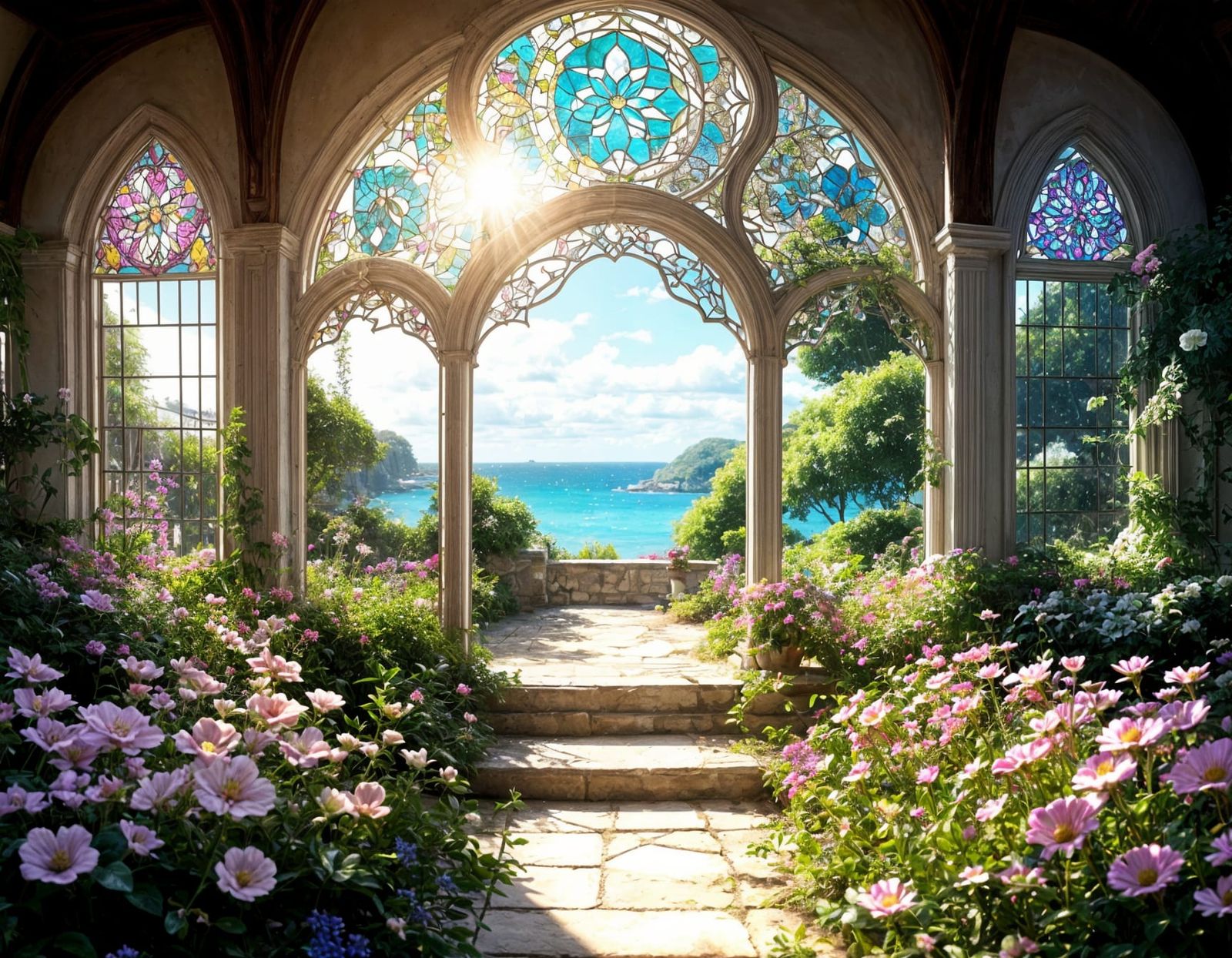 A Victorian Round Window Frames a Whimsical Beachside Garden