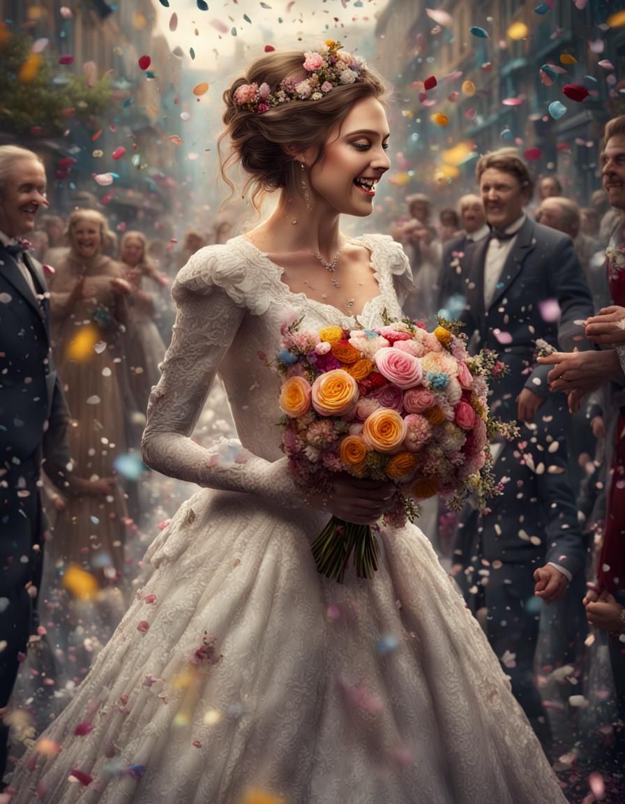 Victorian Bride in Confetti Shower: Digital Masterpiece