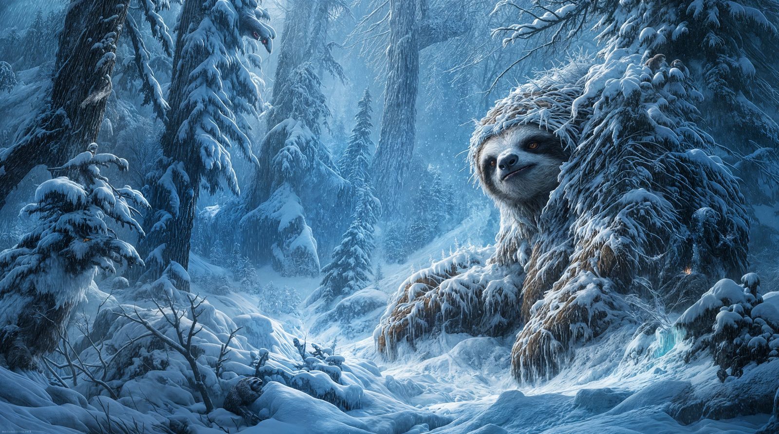 Sloth in Snowy Forest Blizzard Epic Fantasy Art