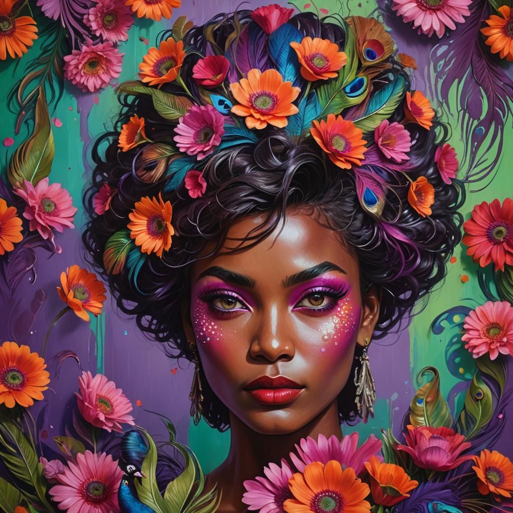 Woman with Peacock Feather Hair: Hyperrealistic Splash Art