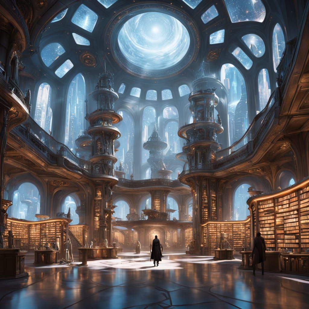 Ethereal Cosmic Library in Futuristic Architecture Style