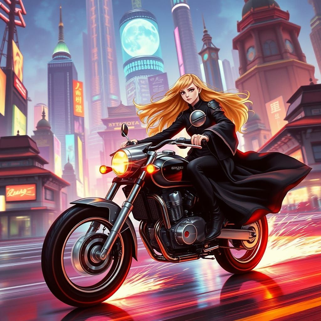Mystical Biker Rides Through Neon City in Cyberpunk Style