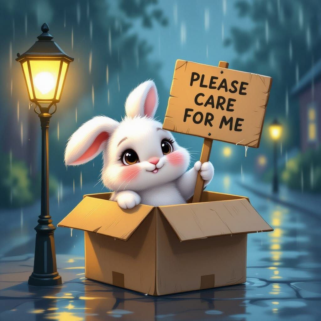 Cute Bunny in Rain Holding 'Care for Me' Sign