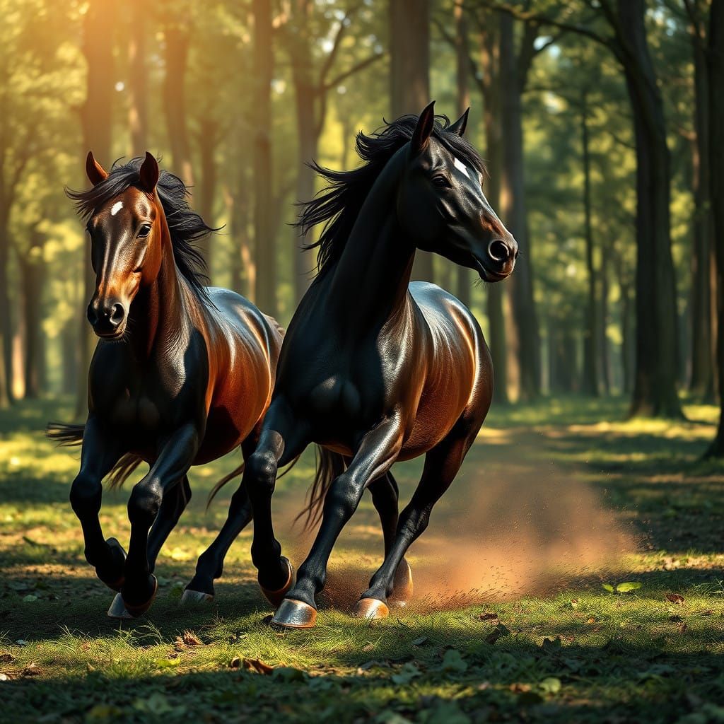 Galloping Horses in Sun-Dappled Forest