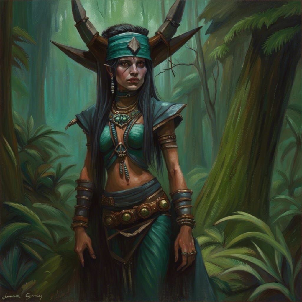 Drukhari Witch in Ancient Jungle Oil Painting
