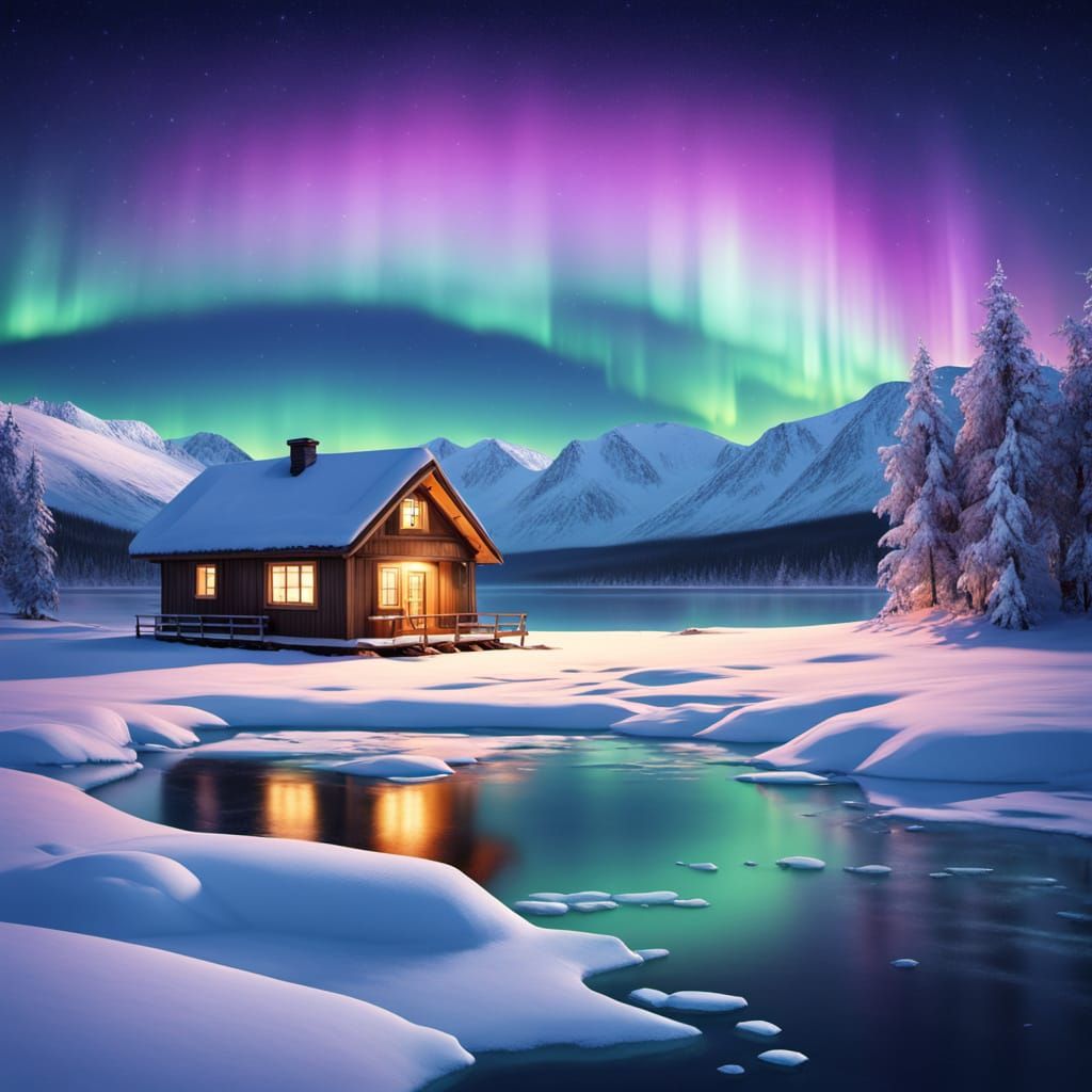 Northern Lights Dance Above an Eskimo House in Vibrant Oil P...