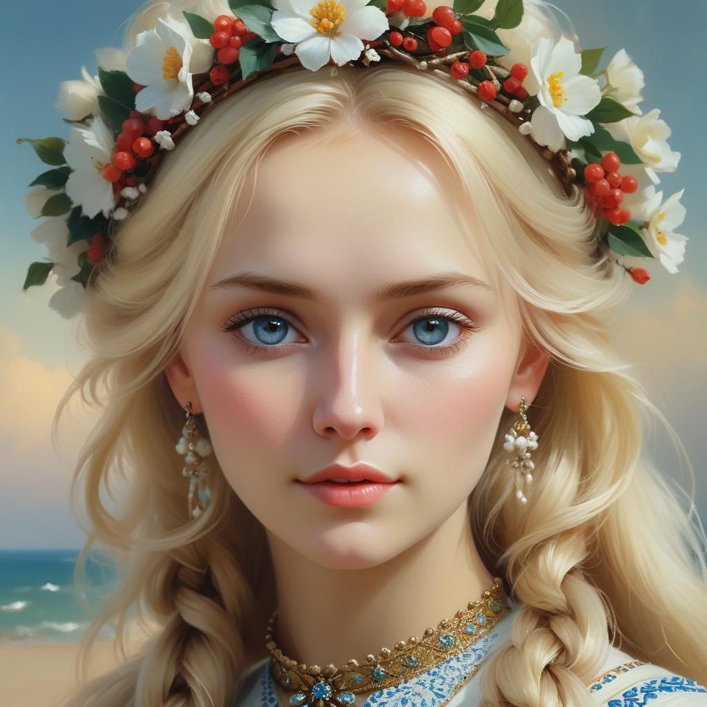 Angelic Russian Beauty in Slavic Clothing, Oil Painting