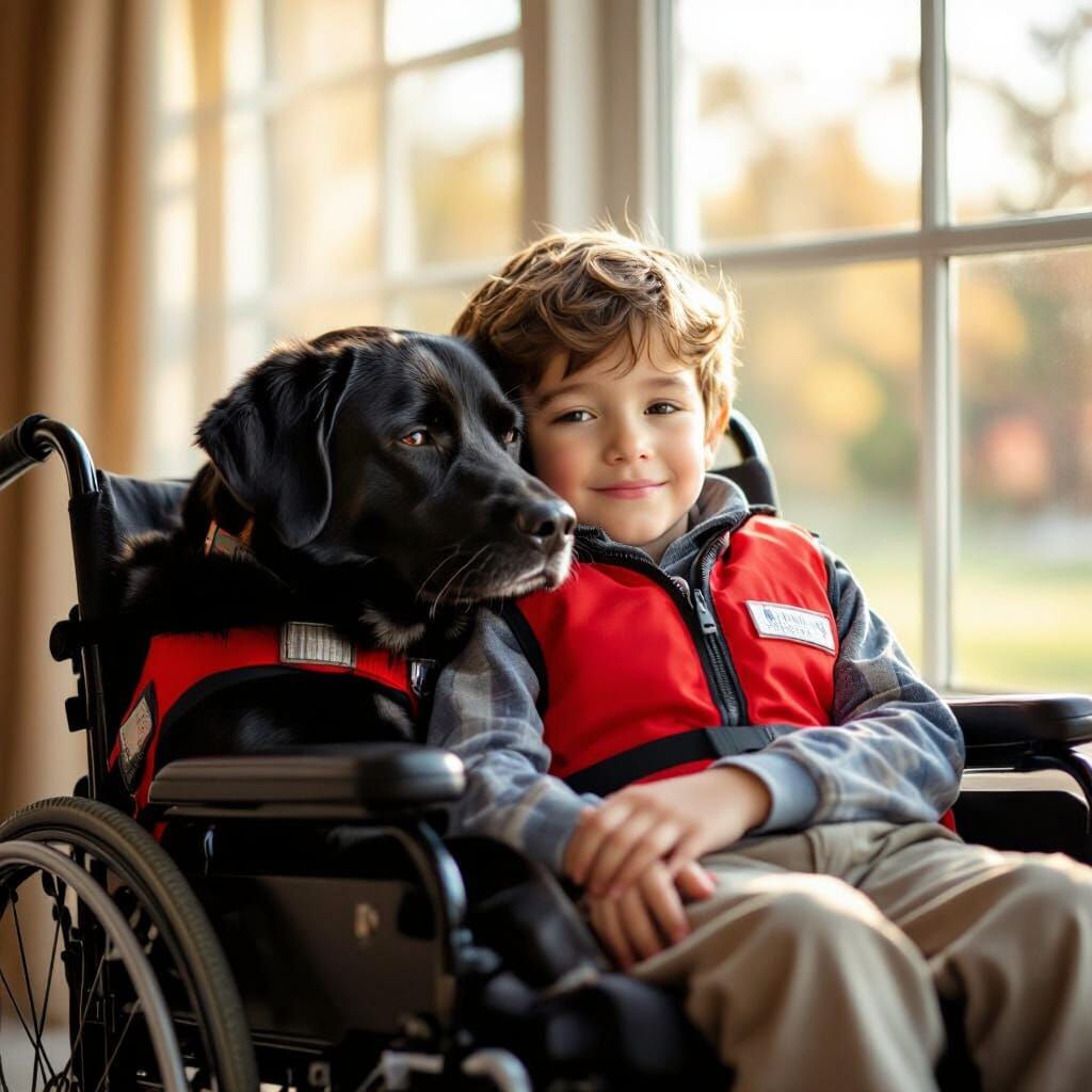 Boy and Service Dog in Sunlight: A Heartwarming Portrait