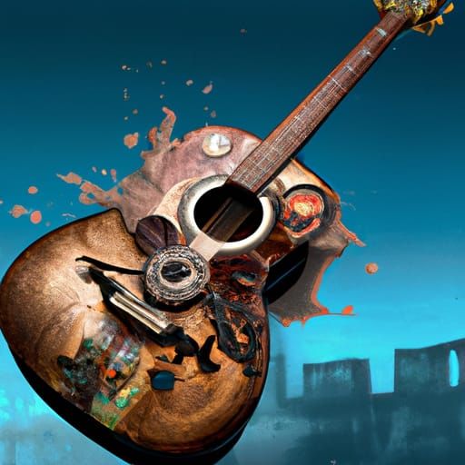 Steampunk Acoustic Guitar Splash Art in Dieselpunk Style