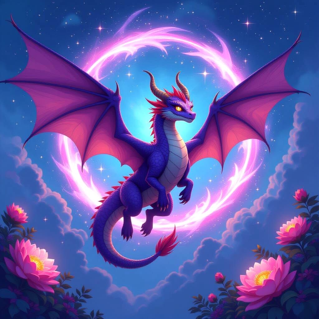 Cosmic Violet Dragon Amidst Stars