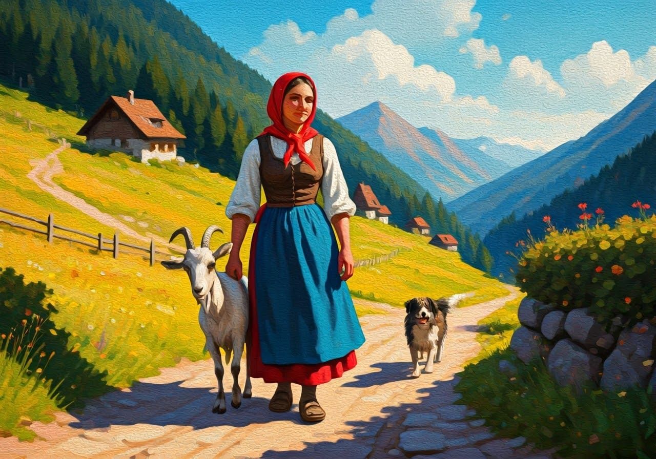 Folk Art Painting: Woman, Goat and Dog