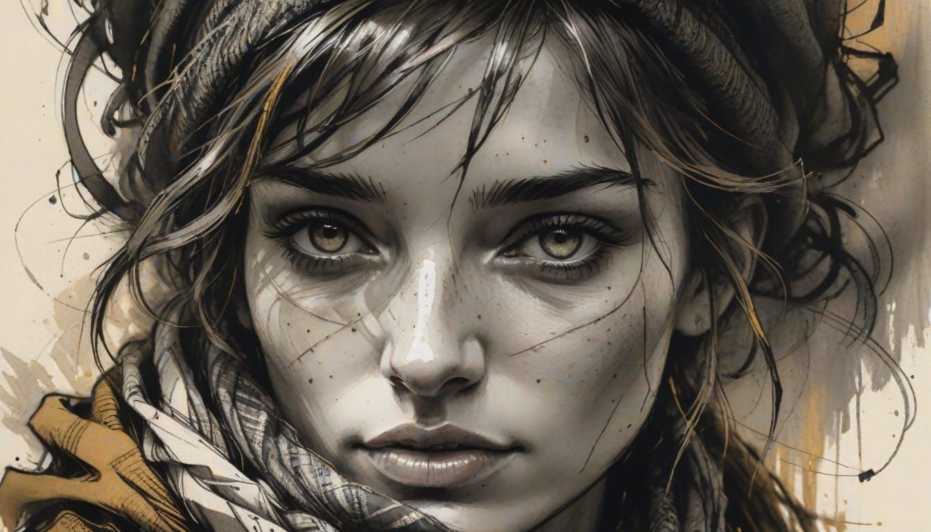 Expressive Charcoal Sketch of Young Woman in Scarf