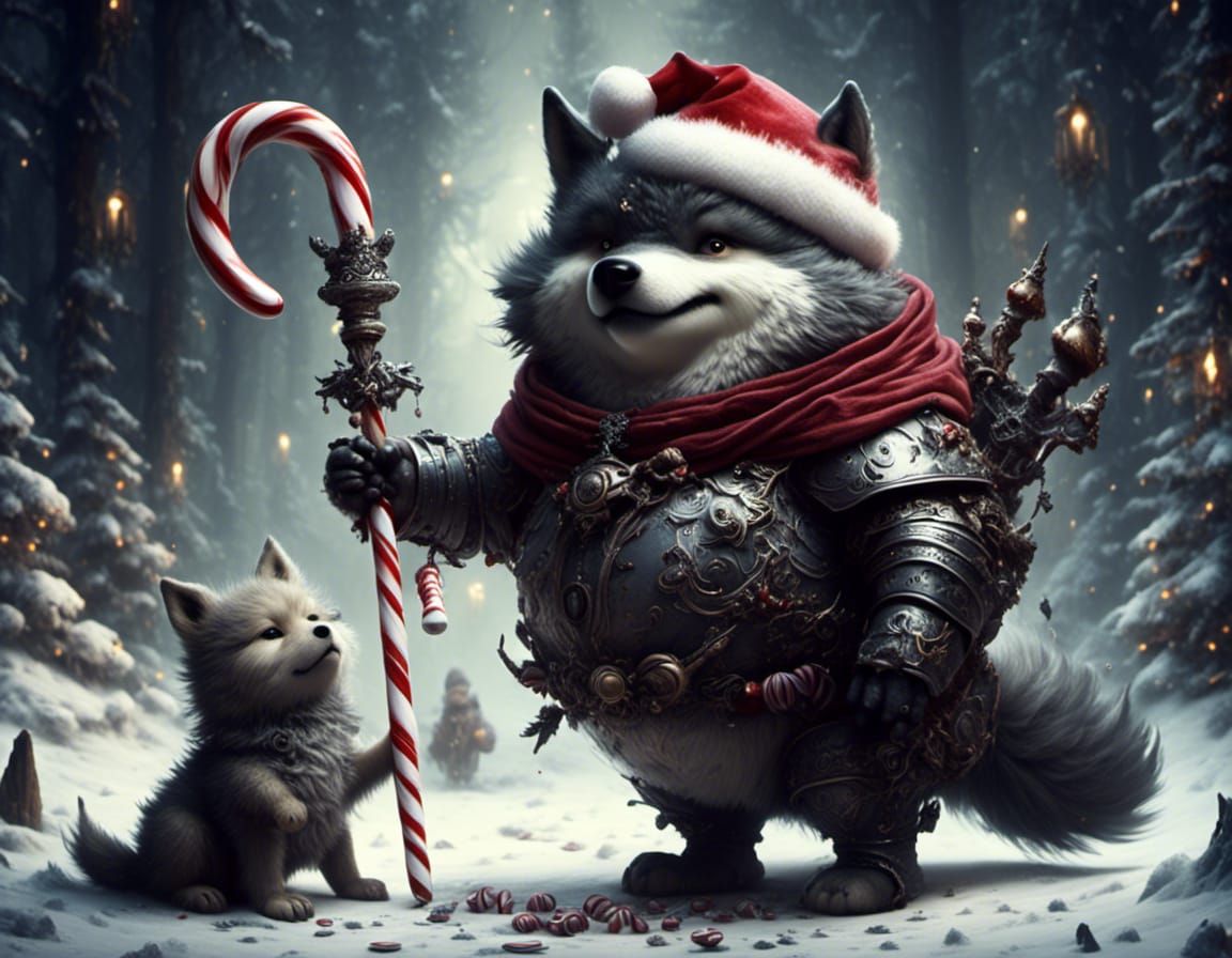 Cute Wolf Pup Knight in Christmas Armor