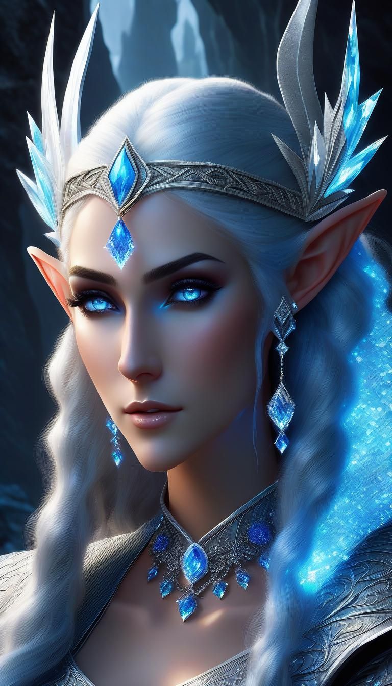 Glass Elf with Blue Eyes in Icy Cave, Digital Art