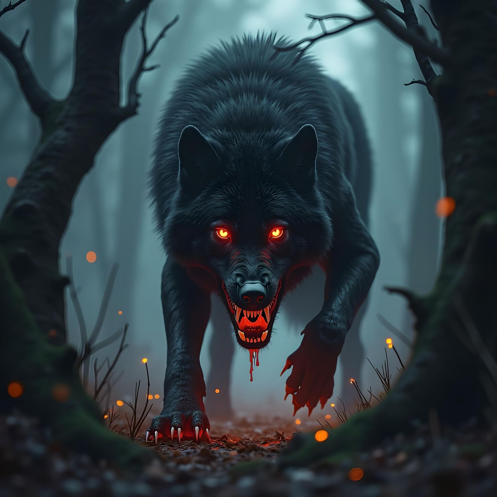 Menacing Black Wolf with Red Eyes in Dark Forest