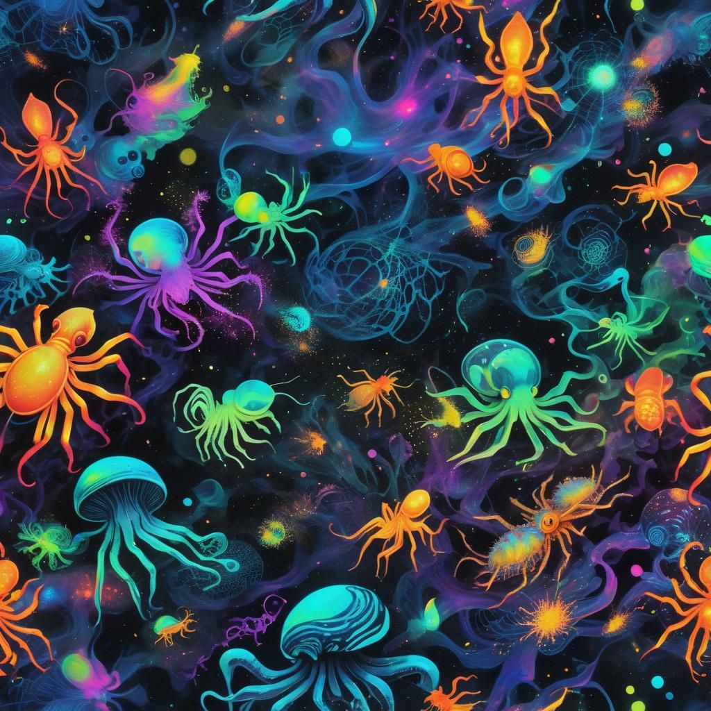 Bioluminescent Swarm: A Neon Ink Splatter Art