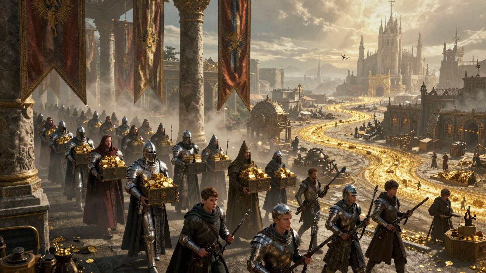 Dystopian Medieval War Scene with Abstract Authority