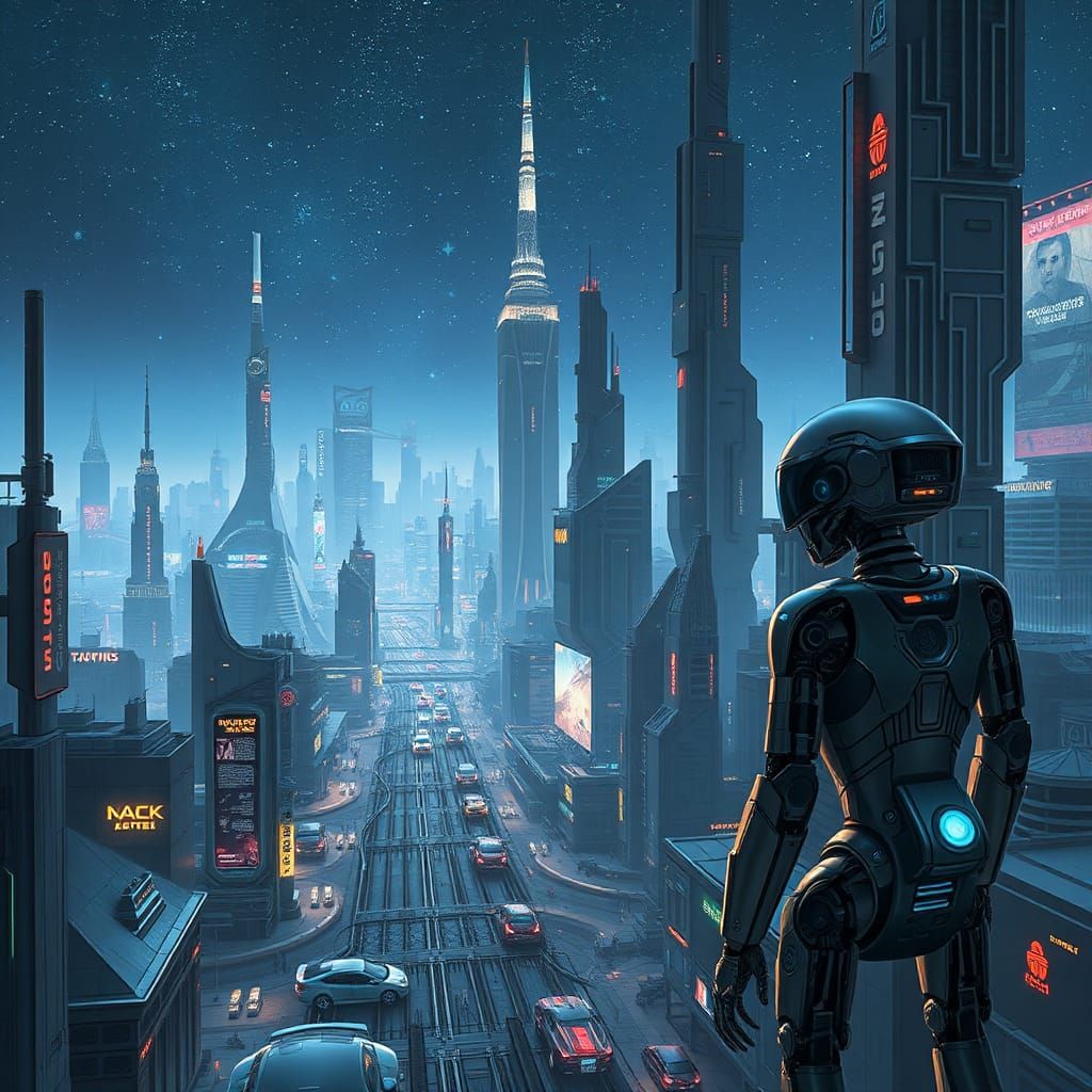 Futuristic Cityscape with Robots in Di Fate Style