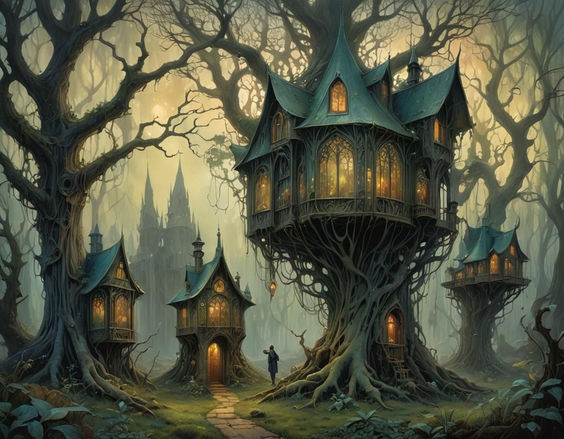 Surreal Witchcraft Treehouses in Art Nouveau Style