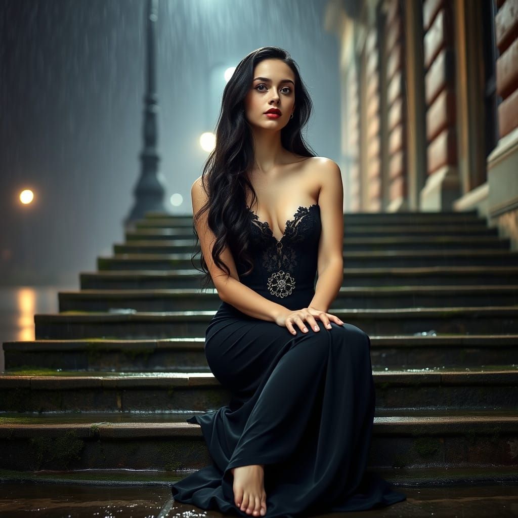 Serenely Elegant Young Woman in Moody Gothic Black Gown