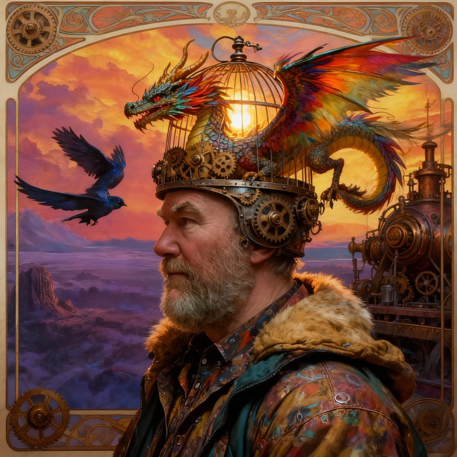 Steampunk Dragon in Surreal Floating Cage