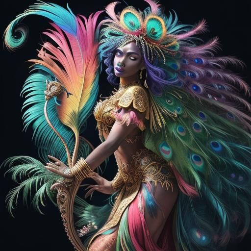 Rainbow Woman with Peacock Feathers in Digital Art