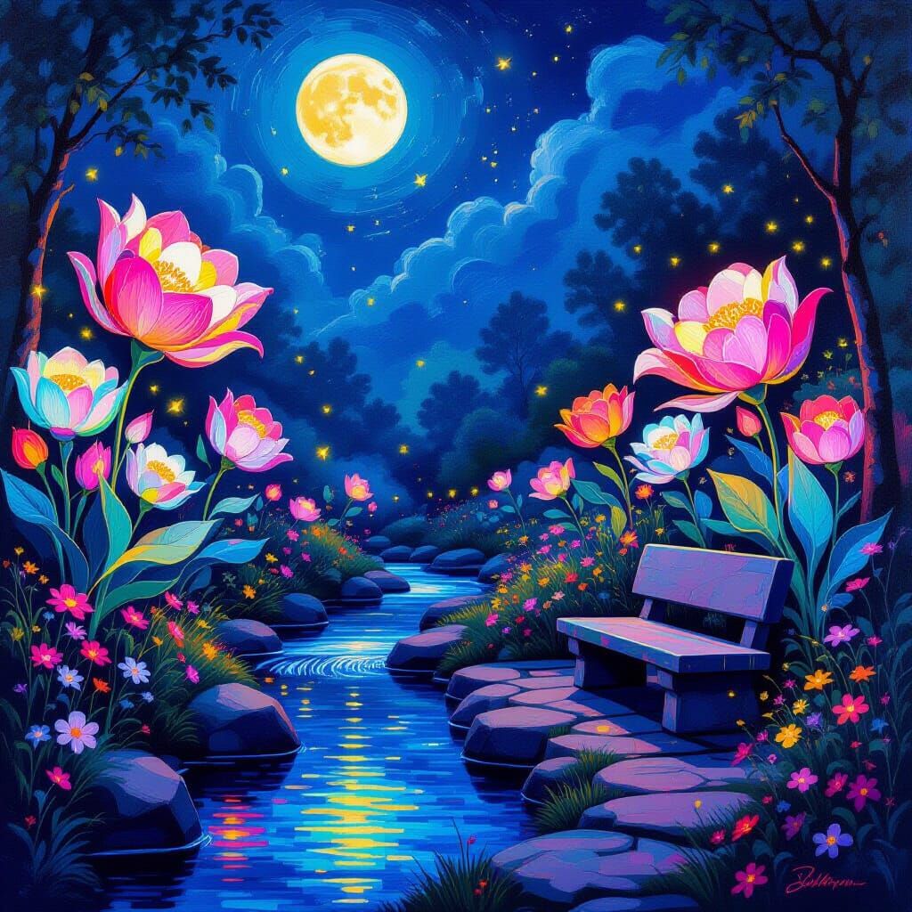 Enchanted Moonlit Garden with Glowing Flowers