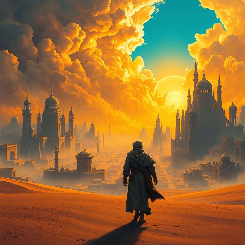 Resolute Wanderer Approaches Dreamlike Desert Metropolis