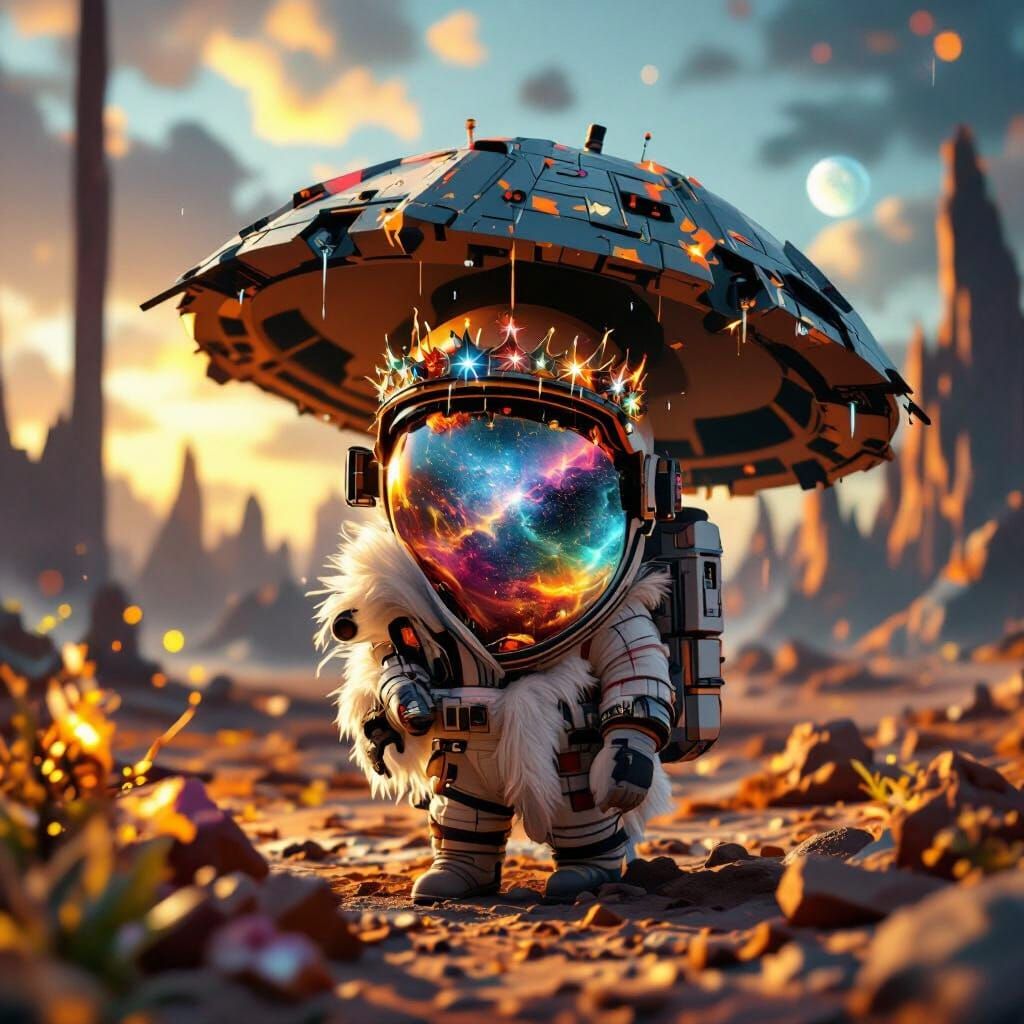 Astronaut on Alien Planet Reflecting Nebula, Crowned in Star...