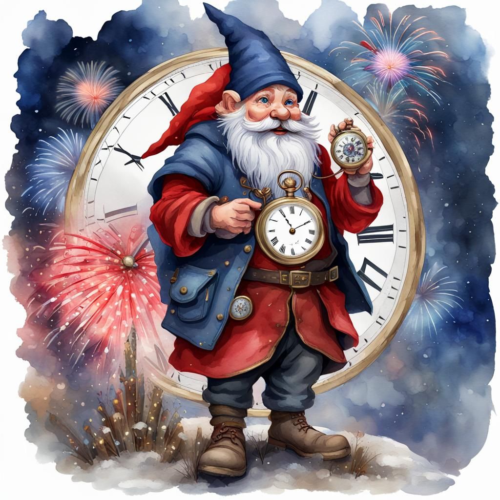 A Gnome in Winter Clothing, Holding a Large open Pocket Watch, The time on the watch reads Midnight, Behind him is red a...