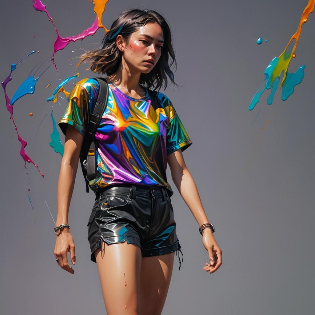 Hyperrealistic Woman in Oilslick Shorts: Splash Art