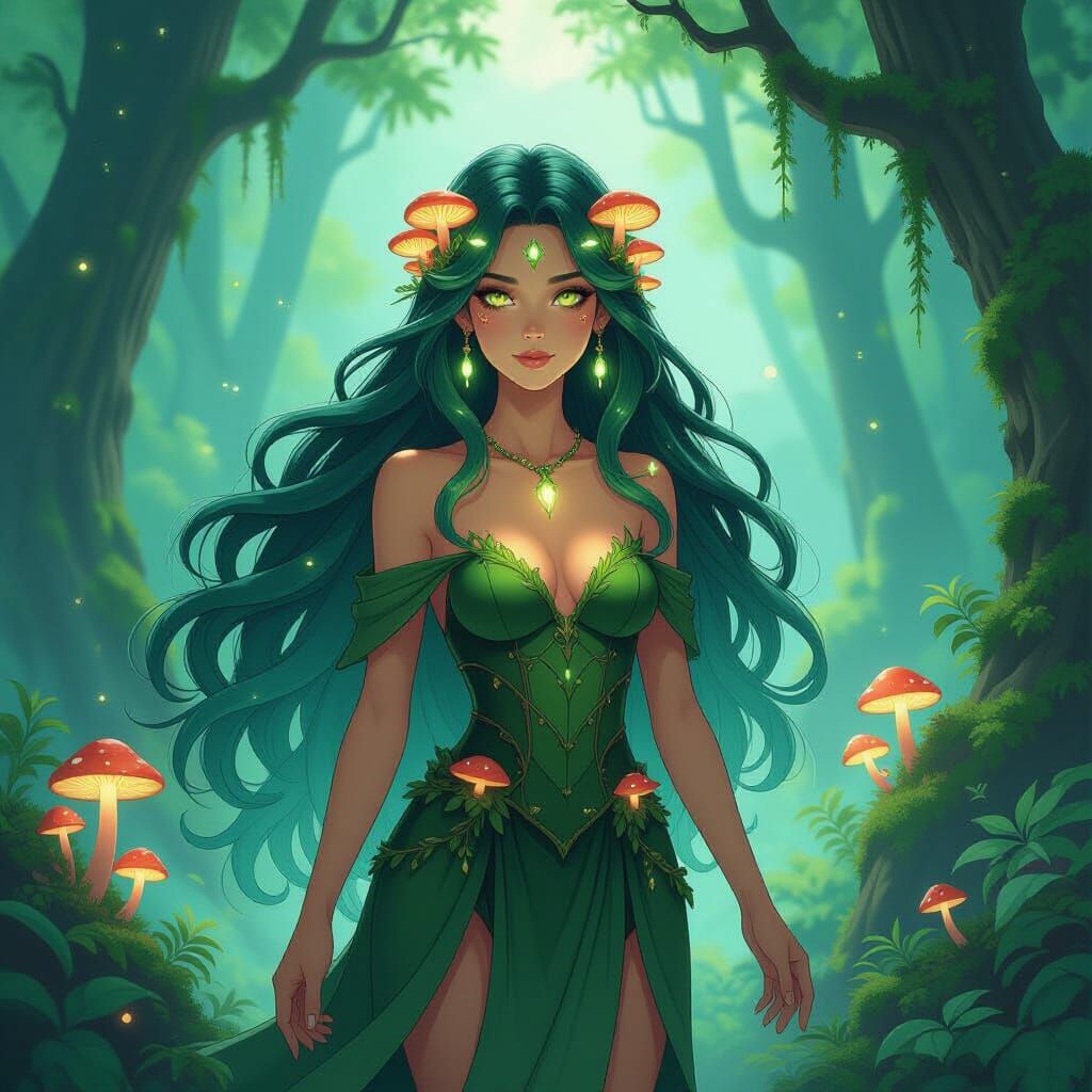 Luminous Forest Goddess in a Bioluminescent Clearing