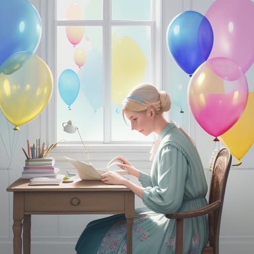 Whimsical Watercolor Scene: Vibrant Balloons Fill a Cozy Stu...