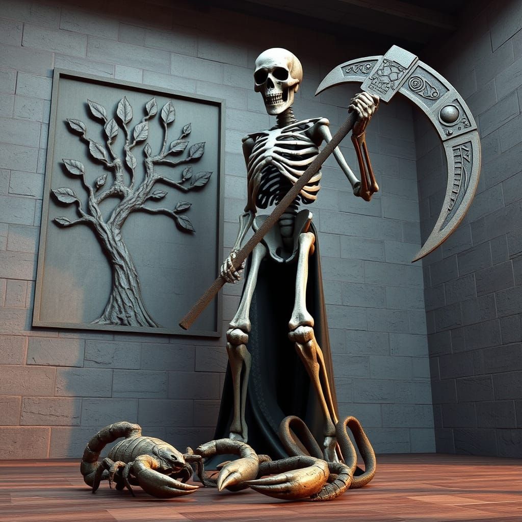 Imposing Brutalist Skeleton Statue Wields Scythe in Cubist S...